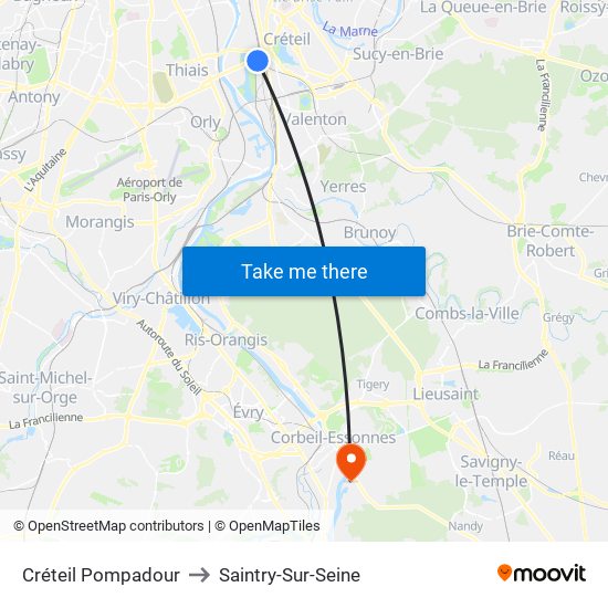 Créteil Pompadour to Saintry-Sur-Seine map