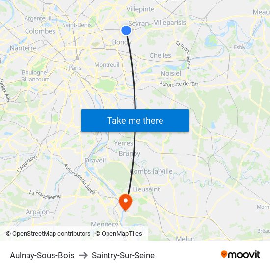 Aulnay-Sous-Bois to Saintry-Sur-Seine map