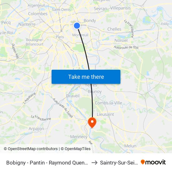 Bobigny - Pantin - Raymond Queneau to Saintry-Sur-Seine map