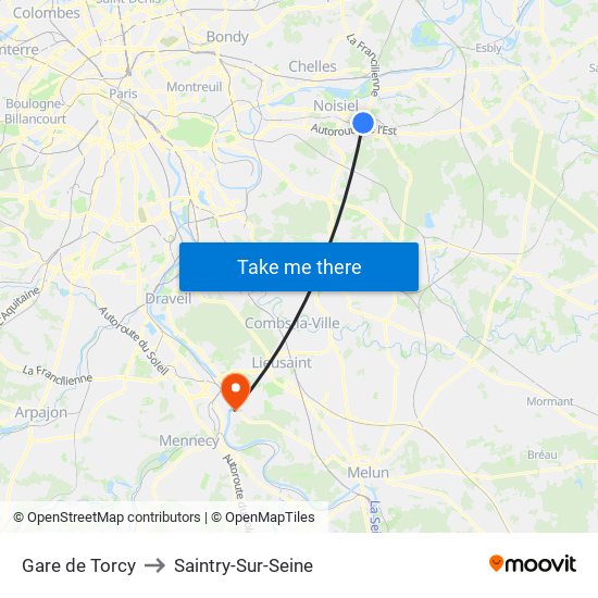 Gare de Torcy to Saintry-Sur-Seine map