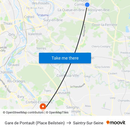 Gare de Pontault (Place Beilstein) to Saintry-Sur-Seine map