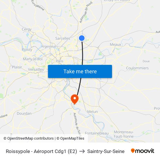 Roissypole - Aéroport Cdg1 (E2) to Saintry-Sur-Seine map