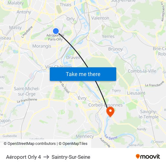 Aéroport Orly 4 to Saintry-Sur-Seine map