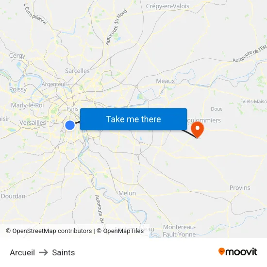 Arcueil to Saints map