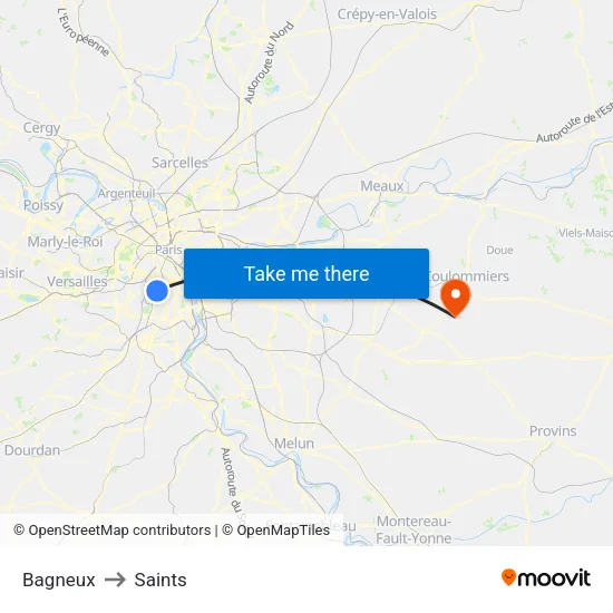 Bagneux to Saints map