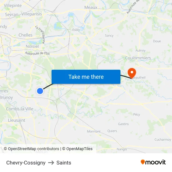Chevry-Cossigny to Saints map