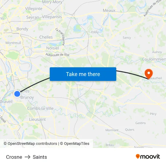 Crosne to Saints map