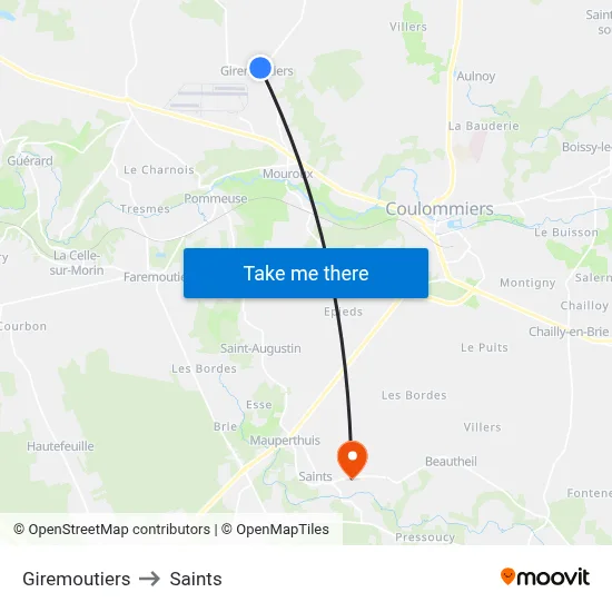 Giremoutiers to Saints map