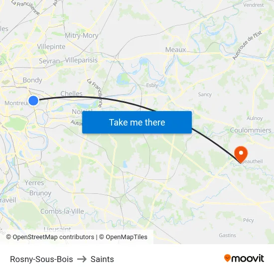 Rosny-Sous-Bois to Saints map