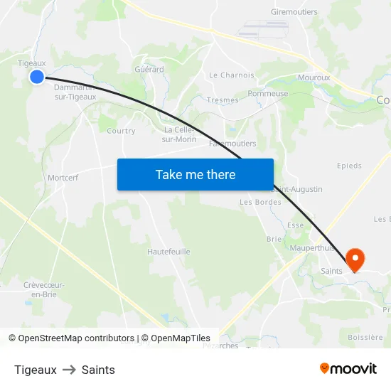 Tigeaux to Saints map
