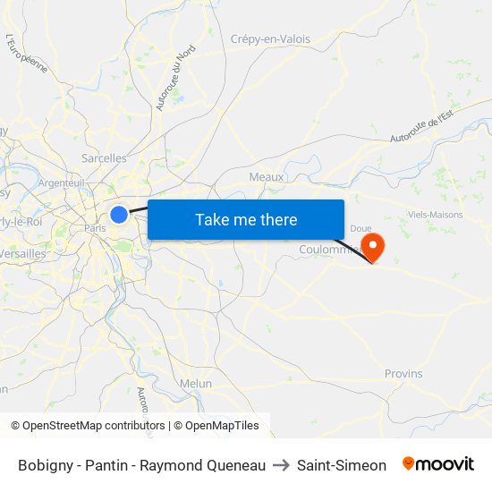 Bobigny - Pantin - Raymond Queneau to Saint-Simeon map