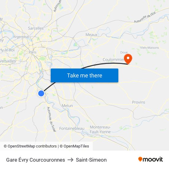 Gare Évry Courcouronnes to Saint-Simeon map