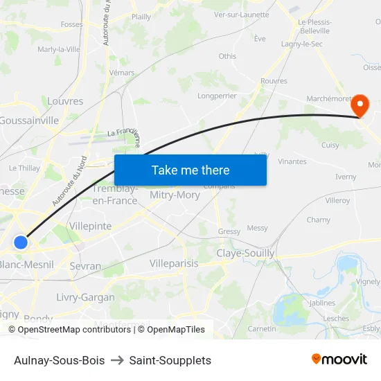 Aulnay-Sous-Bois to Saint-Soupplets map