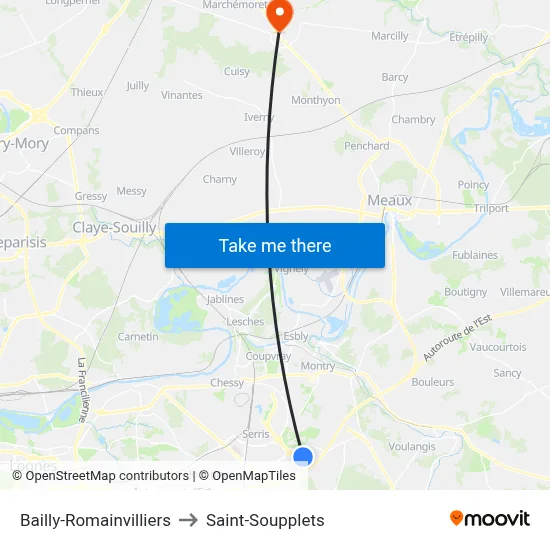 Bailly-Romainvilliers to Saint-Soupplets map
