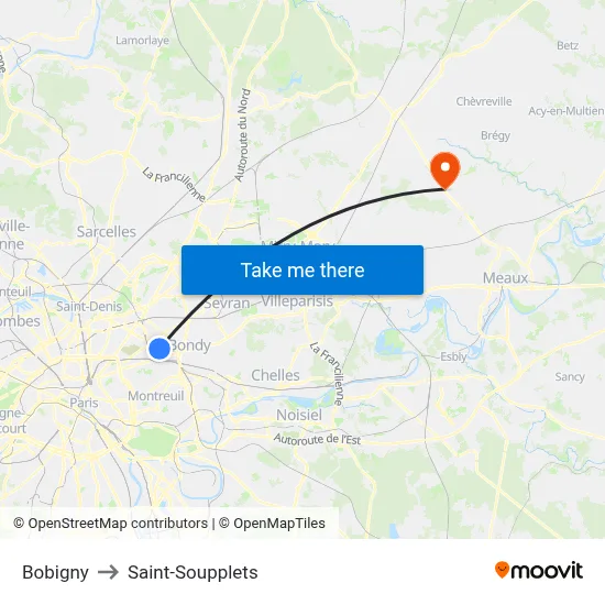 Bobigny to Saint-Soupplets map