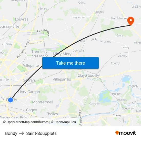 Bondy to Saint-Soupplets map