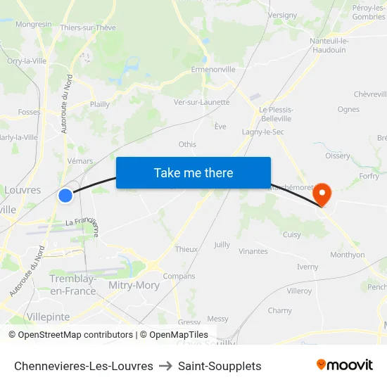 Chennevieres-Les-Louvres to Saint-Soupplets map