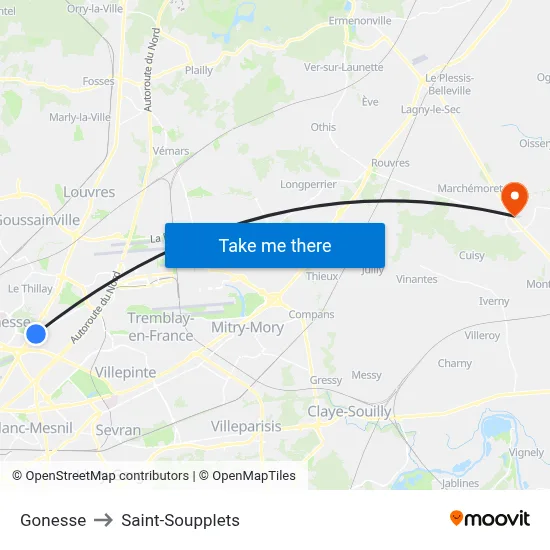 Gonesse to Saint-Soupplets map