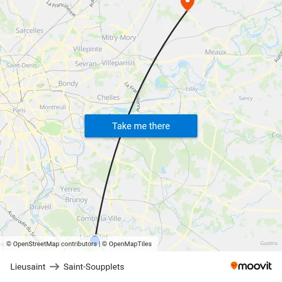 Lieusaint to Saint-Soupplets map