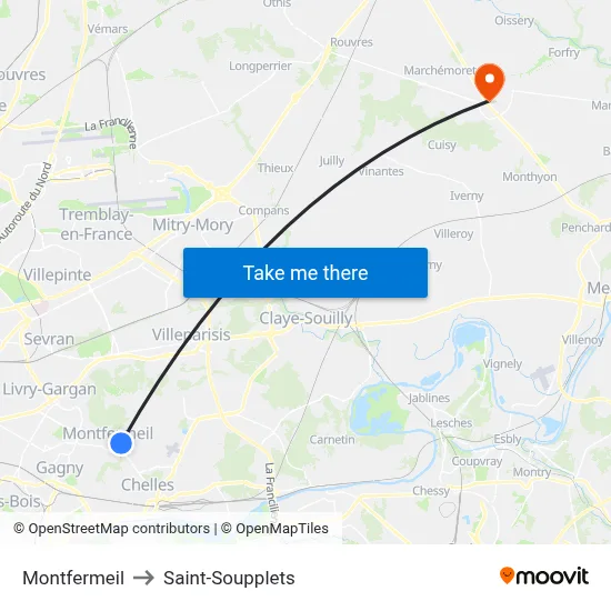 Montfermeil to Saint-Soupplets map