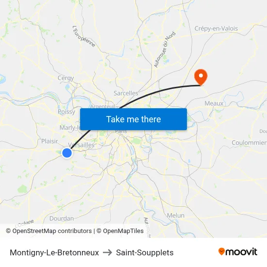 Montigny-Le-Bretonneux to Saint-Soupplets map