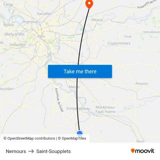 Nemours to Saint-Soupplets map