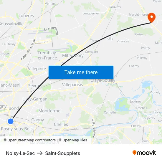 Noisy-Le-Sec to Saint-Soupplets map