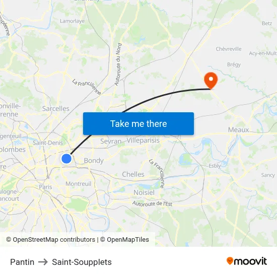 Pantin to Saint-Soupplets map