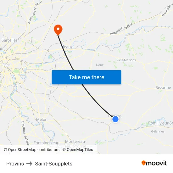 Provins to Saint-Soupplets map