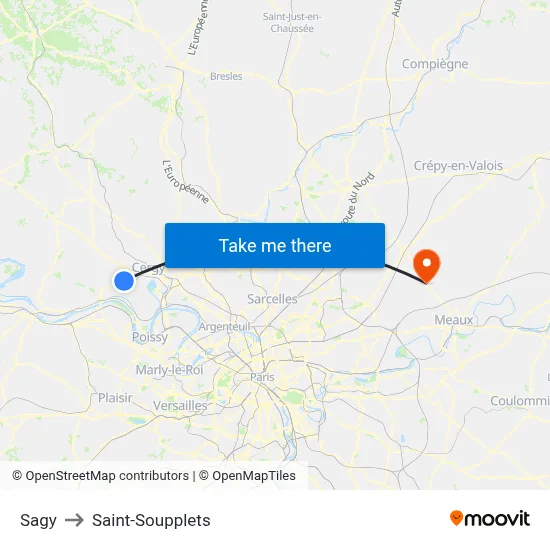 Sagy to Saint-Soupplets map