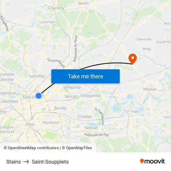 Stains to Saint-Soupplets map