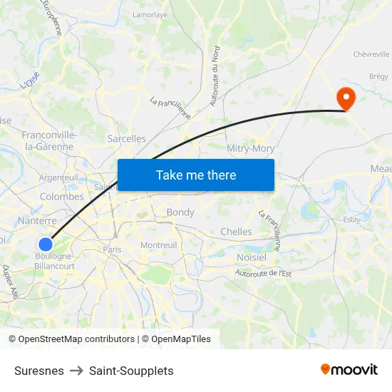 Suresnes to Saint-Soupplets map