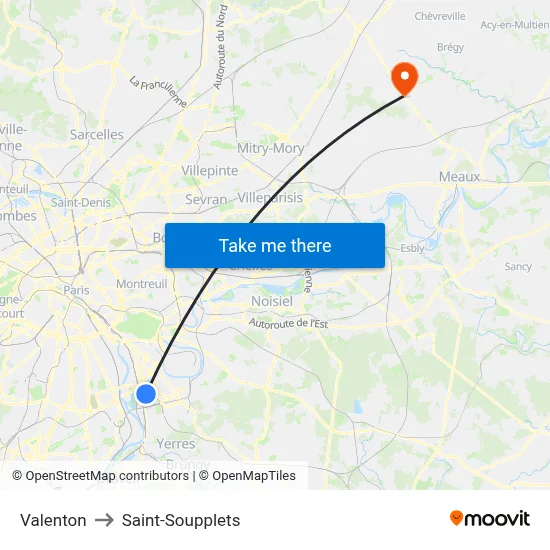 Valenton to Saint-Soupplets map