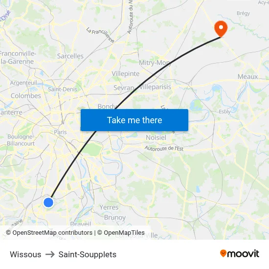 Wissous to Saint-Soupplets map