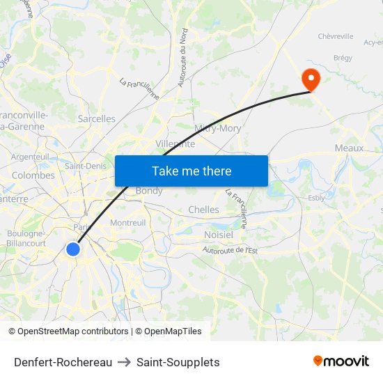 Denfert-Rochereau to Saint-Soupplets map