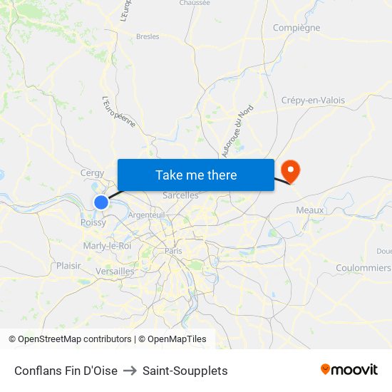 Conflans Fin D'Oise to Saint-Soupplets map