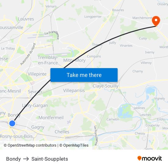 Bondy to Saint-Soupplets map