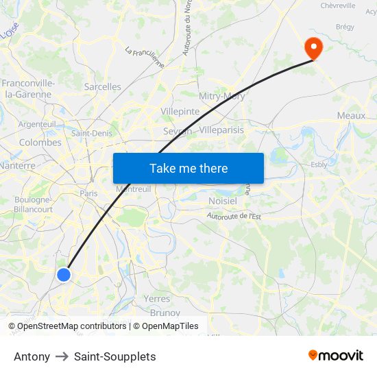 Antony to Saint-Soupplets map