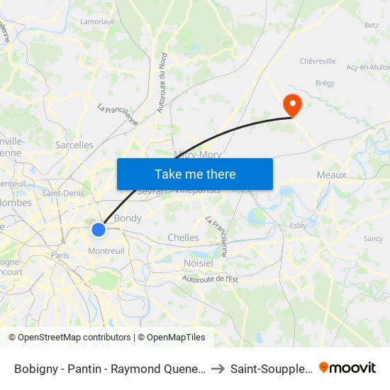 Bobigny - Pantin - Raymond Queneau to Saint-Soupplets map