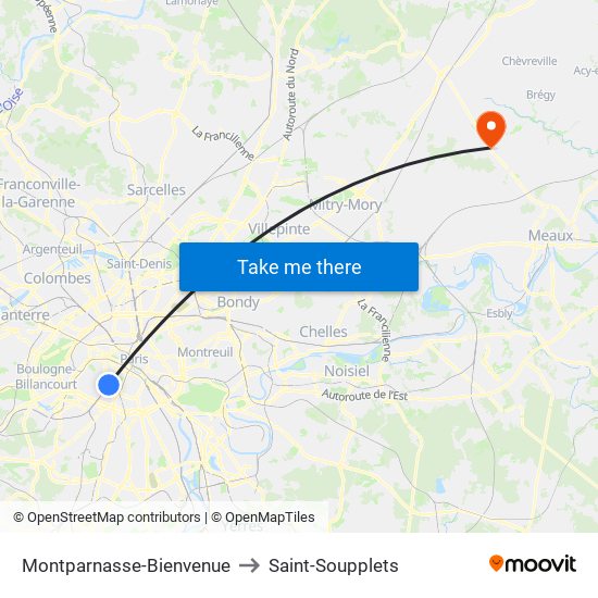 Montparnasse-Bienvenue to Saint-Soupplets map