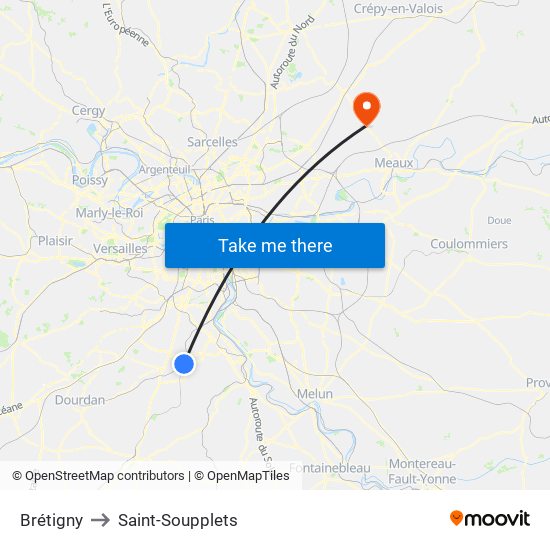Brétigny to Saint-Soupplets map