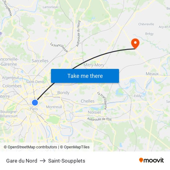 Gare du Nord to Saint-Soupplets map