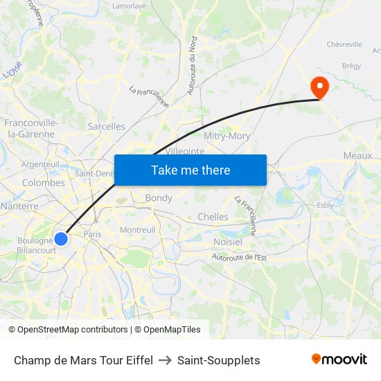 Champ de Mars Tour Eiffel to Saint-Soupplets map