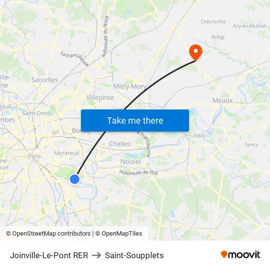 Joinville-Le-Pont RER to Saint-Soupplets map