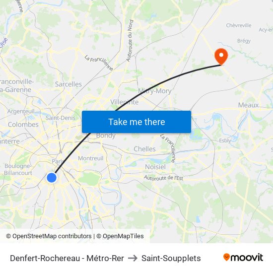 Denfert-Rochereau - Métro-Rer to Saint-Soupplets map