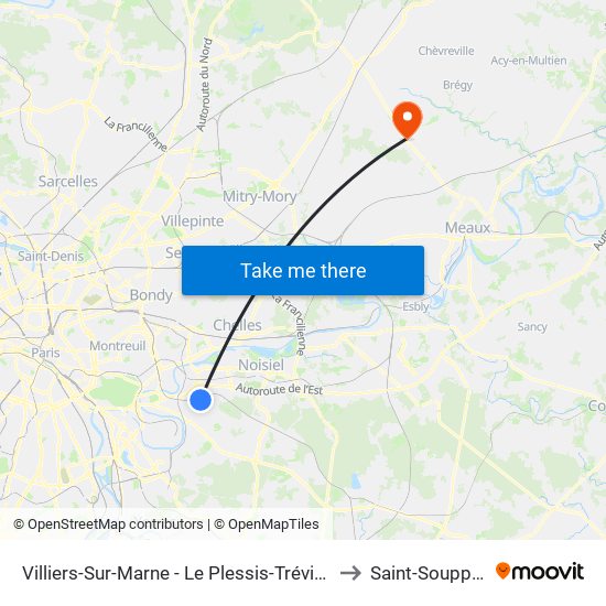 Villiers-Sur-Marne - Le Plessis-Trévise RER to Saint-Soupplets map