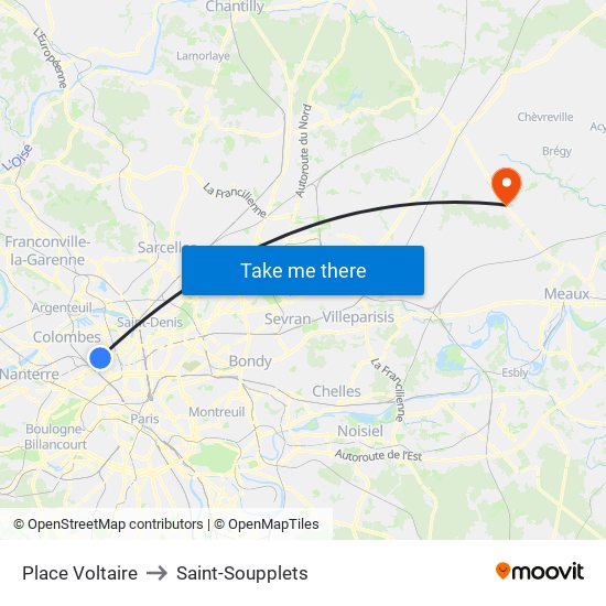 Place Voltaire to Saint-Soupplets map