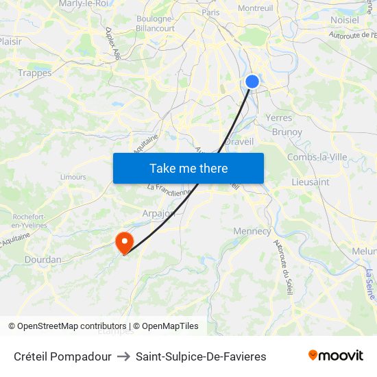 Créteil Pompadour to Saint-Sulpice-De-Favieres map