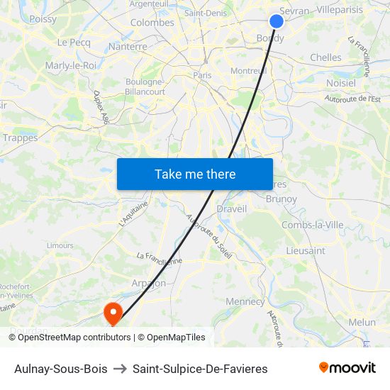 Aulnay-Sous-Bois to Saint-Sulpice-De-Favieres map