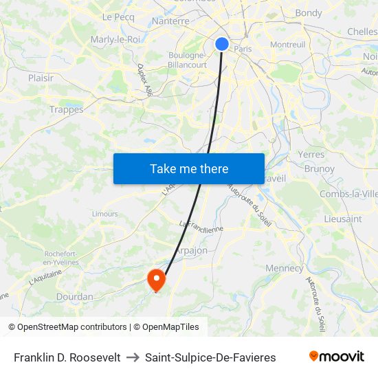 Franklin D. Roosevelt to Saint-Sulpice-De-Favieres map
